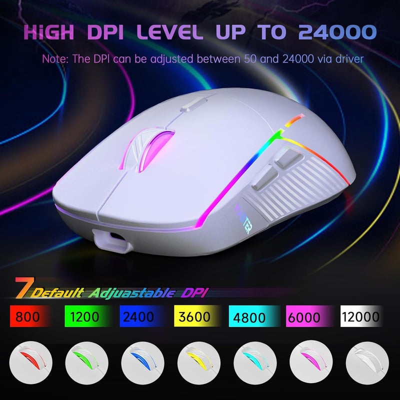 FFJ Wireless Gaming Mouse, 24000 DPI, Tri-Mode 2.4G/USB-C/Bluetooth 5.3 Gaming Mouse Wireless, RGB Programmable Mouse Gamer, 75Hrs Battery Life, Rechargeable Gaming Mice for PC, Mac, PS5, Xbox - White - Image 3